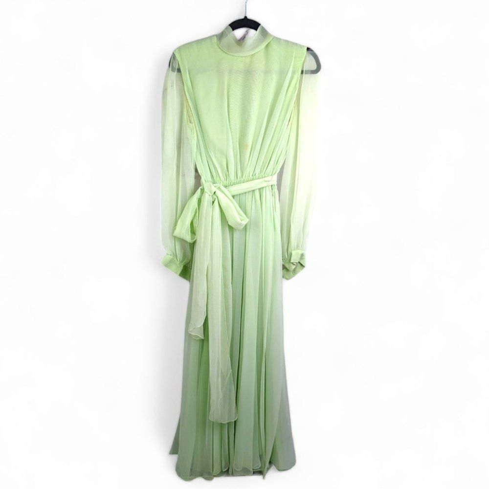 Vintage 70s Mint Green Long Sleeve Sheer Evening Dress Maxi High Neck